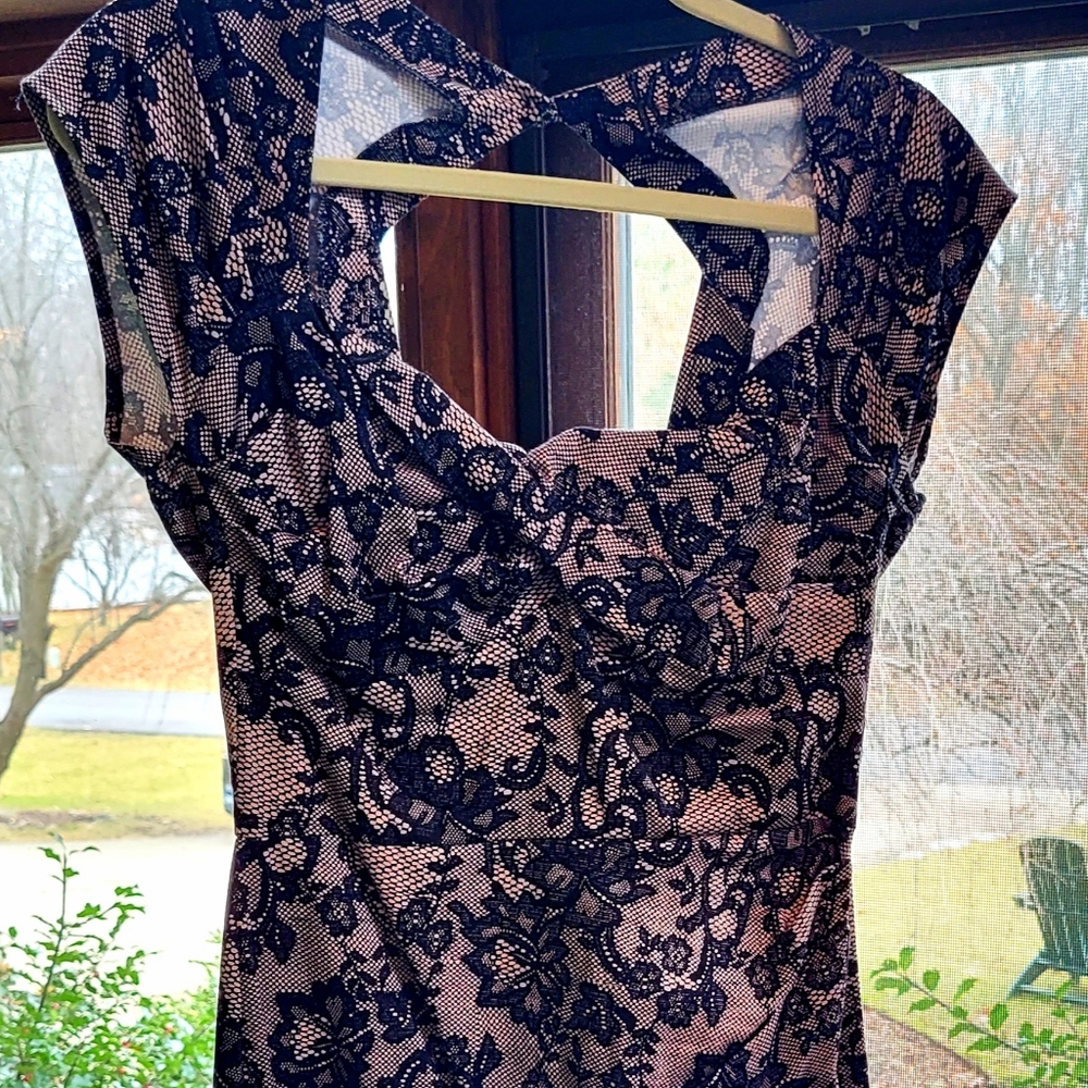 Stop Staring! black and pink lace- print midi-dress with keyhole back and bow